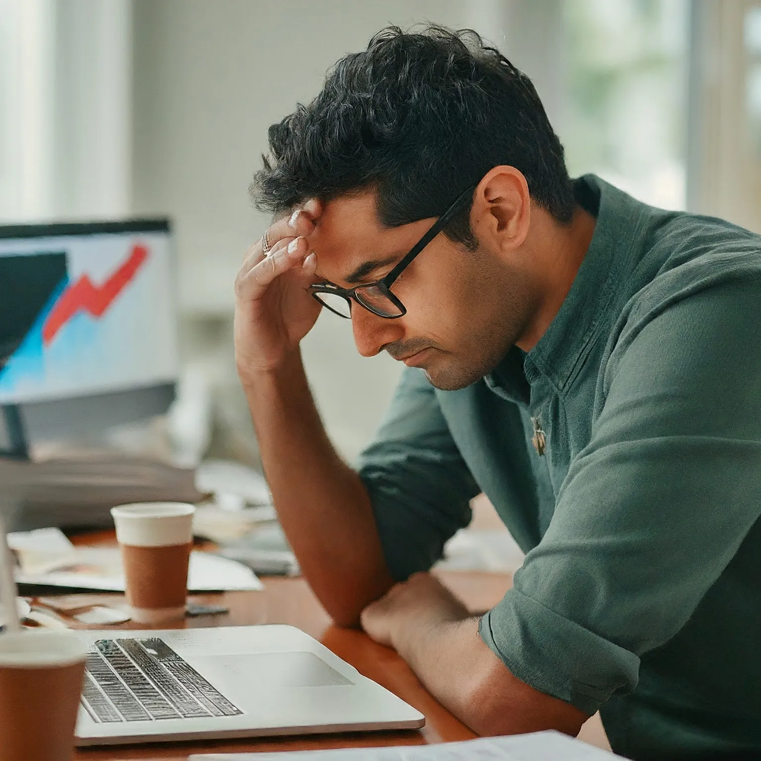 A image of an upset man in front of a laptop.