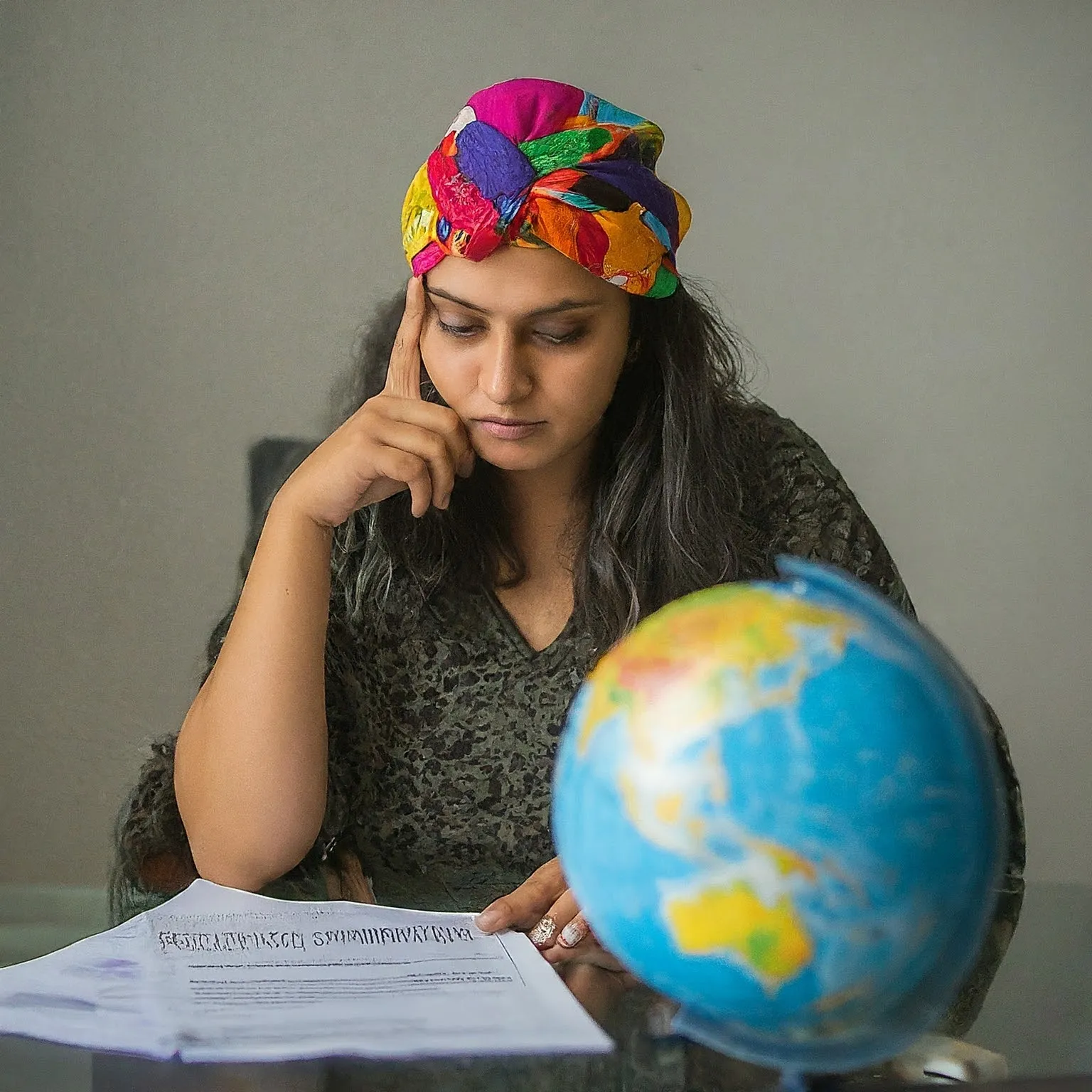 A woman thinking in front of a globe.