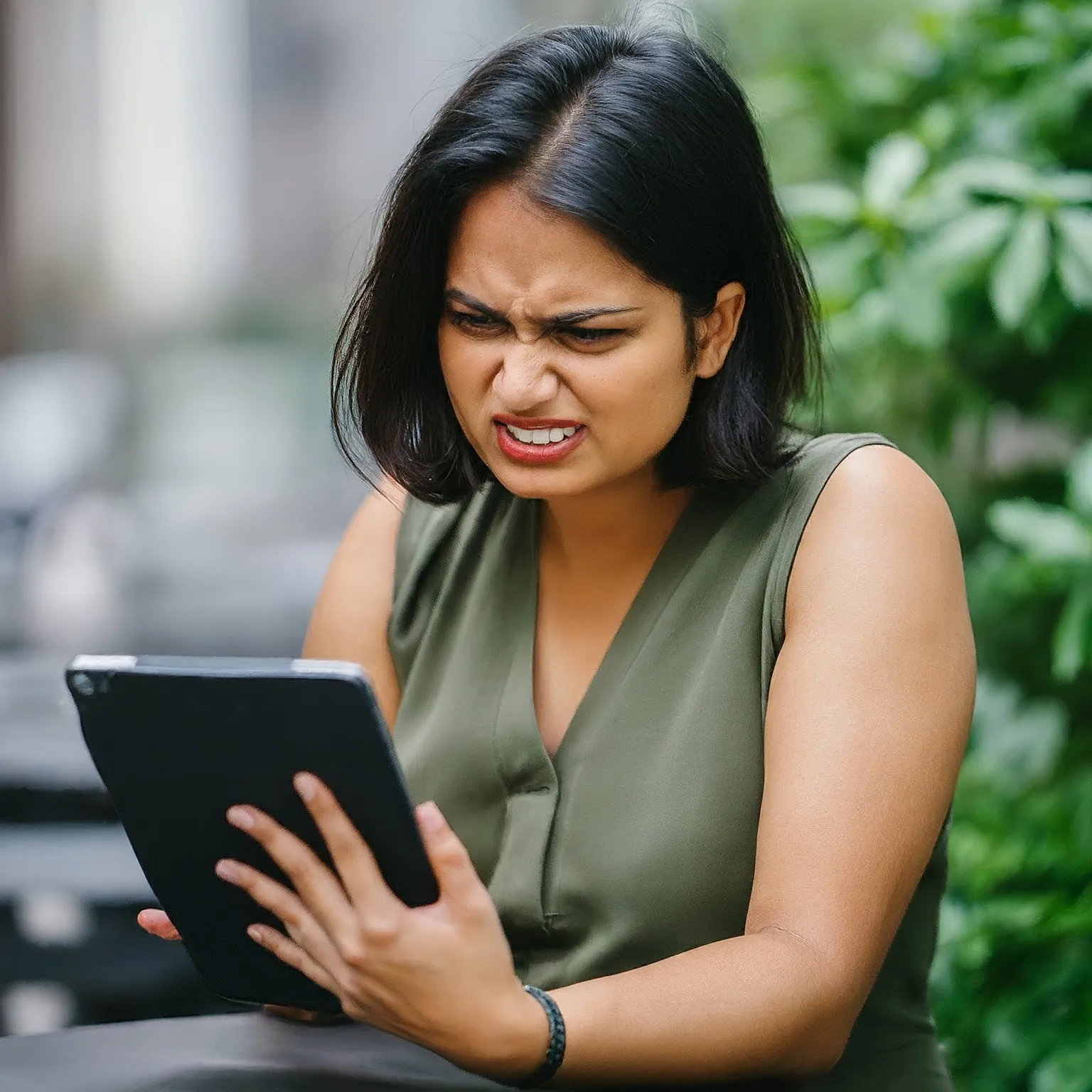 A woman holding an ipad showing disgust on what is on the screen.